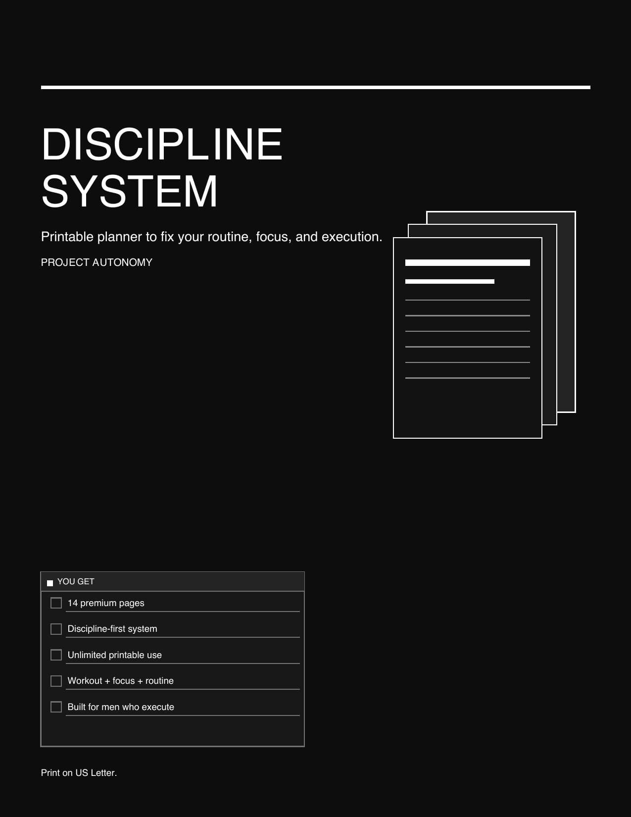 Discipline System Planner printable cover — habit tracker, dopamine detox, daily and weekly structure, gym log
